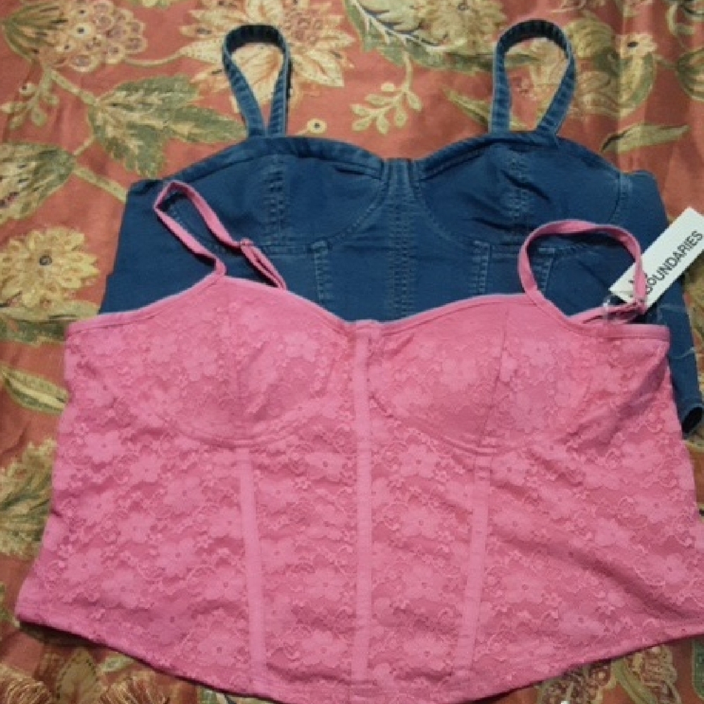 No Boundaries-Juniors Pink & Denim/Lace Tank Tops